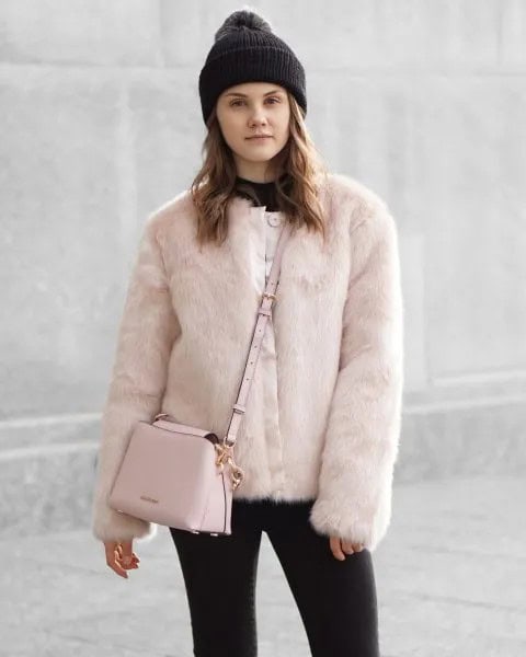 Pink Faux Fur Jacket with Black Outfit