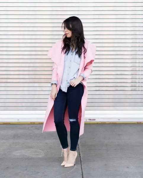 Ivory Longline Blazer with Light Blue Chambray Shirt & Blush Pink Heels