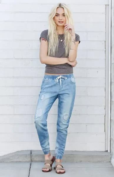 Grey Cropped Tee with Light Blue Jogger Pants & Sandals