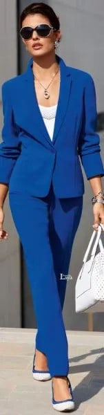 Royal Blue Suit with White Scoop Neck Top & Ballet Flats