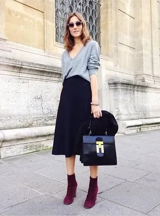 Grey Jumper with Dark Navy Blue Midi Flared Skirt