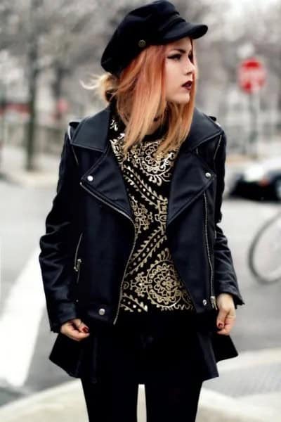 Black Leather Jacket with Mini Skater Skirt & Leggings