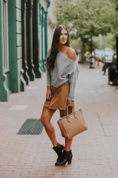 Grey One Shoulder Chunky Sweater with Light Brown Mini Skirt