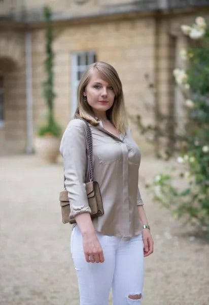 Rose Gold Silk Shirt with White Skinny Jeans