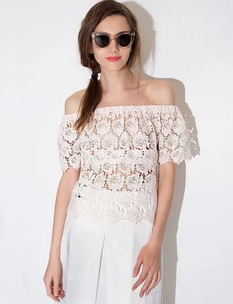 Semi-Sheer Lace Top with Wide Leg White Linen Pants