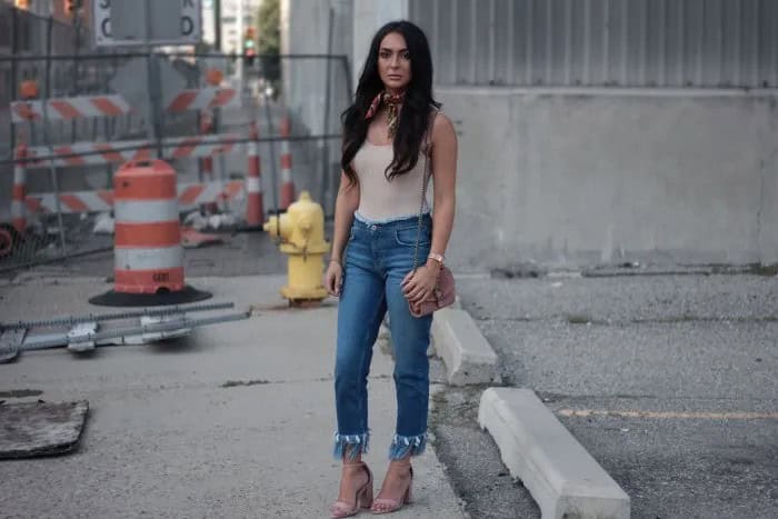 Pale Pink Vest Top with Blue Fringe Ankle Jeans