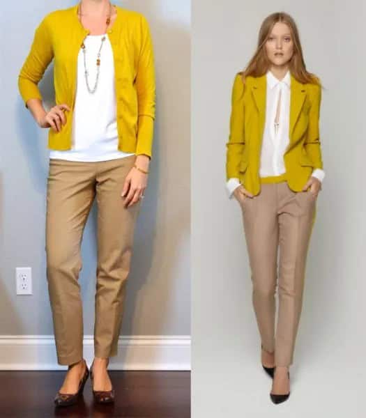 Mustard Yellow Sweater Cardigan with White Blouse & Beige Chinos