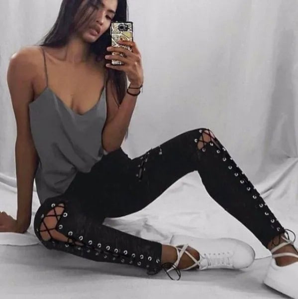 Grey Low Cut Spaghetti Strap Vest Top with Black Lace Up Leggings