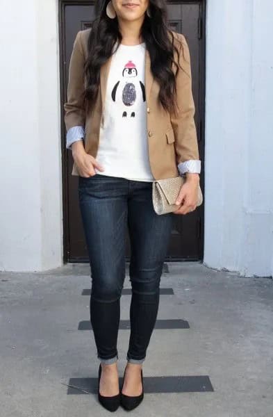 Fitted Jacket with White Print Tee & Dark Blue Skinny Jeans