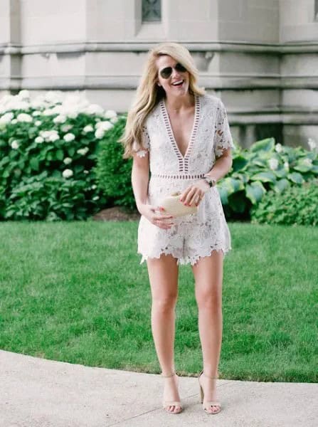 White Deep V Neck Lace Romper with Pale Pink Open Toe Heels