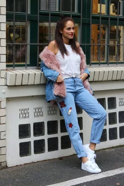 Blue Denim Jacket with Grey Fur Line & Mom Jeans