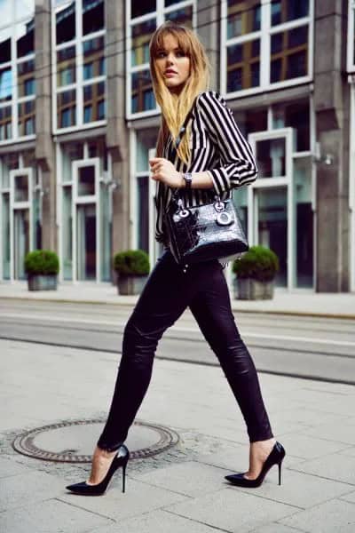 Black and White Striped Button Up Shirt with Leather Leggings