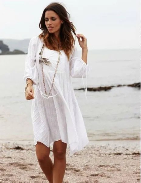 White Long Sleeve Scoop Neck Cotton Mini Dress