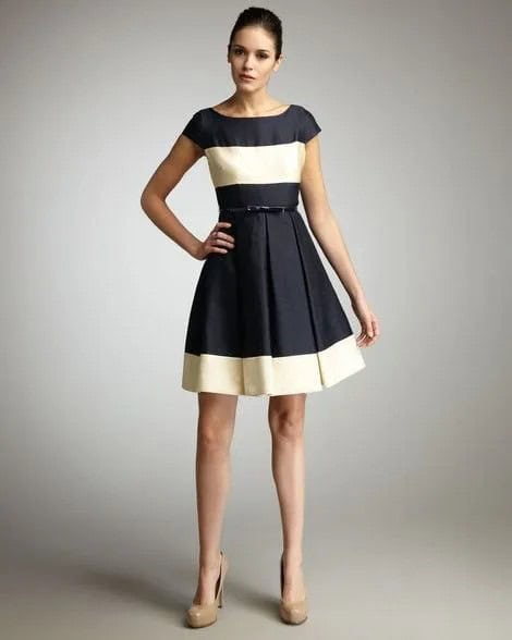 Black and Pale Yellow Color Block Belted Flare Dress