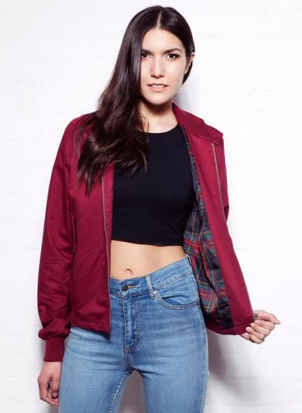 Red Harrington Jacket with Black Crop Top & Blue Jeans