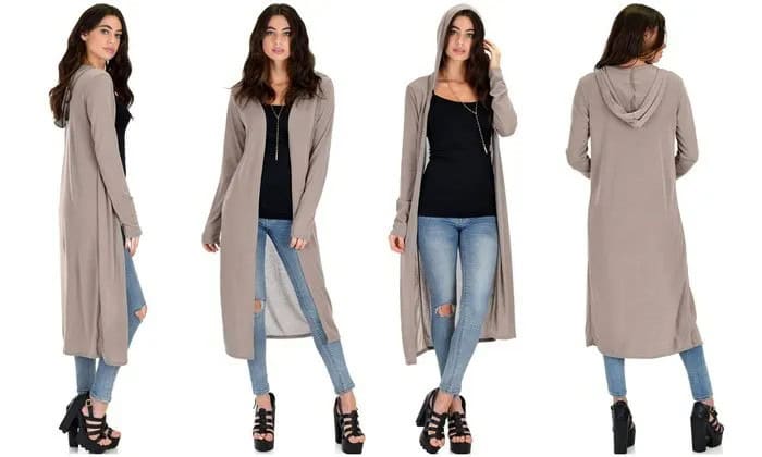 Grey Longline Hooded Cardigan with Black Vest Top & Light Blue Skinny Jeans