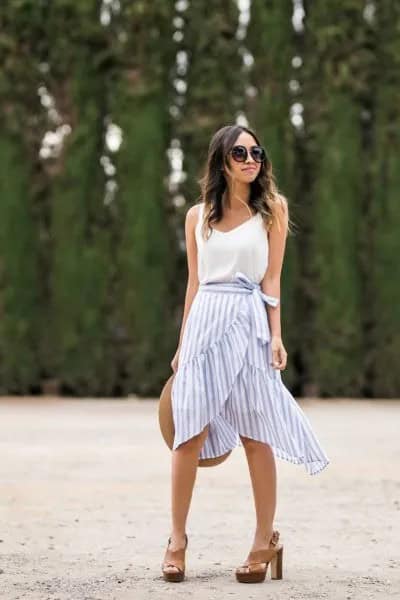 Blue and White Striped Ruffle Skirt with White Vest Top