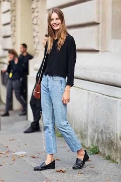 Black Chunky Sweater with Mom Jeans & Penny Loafers