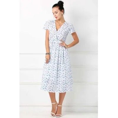 White Short Sleeve Printed Midi V Neck Wrap Dress