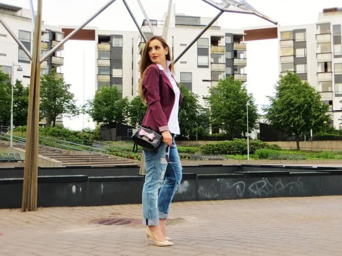 Grey Blazer with White Button Up Shirt & Cuffed Blue Jeans