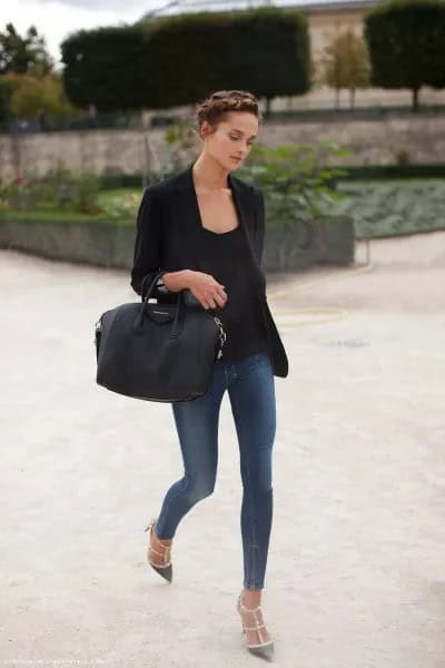 Black Blazer with Skinny Greyish Blue Jeans & Pointed Toe Heels