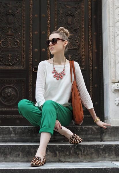 White Knit Sweater with Green Khaki Pants