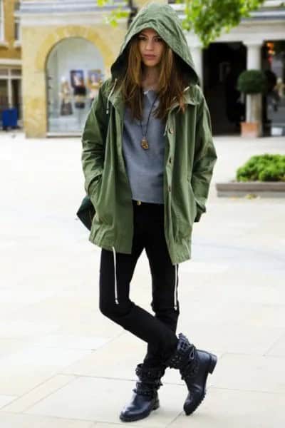 Anorak Jacket with Fitted Sweater & Black Skinny Jeans