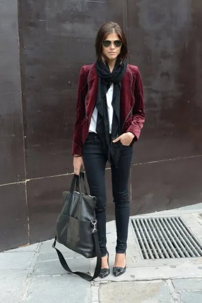 Burgundy Blazer with White Blouse & Black Scarf