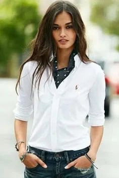 White Shirt with Navy Silk Scarf & Jeans