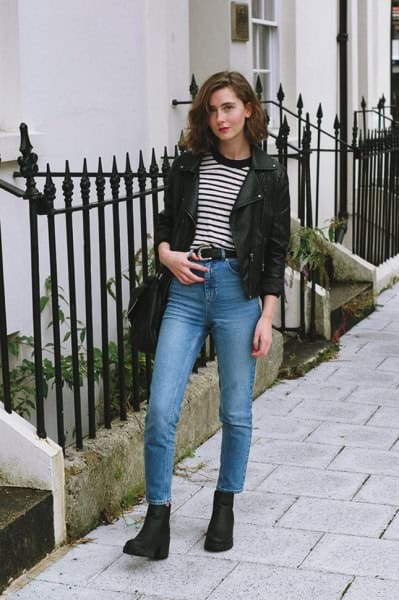 Black Leather Blazer with Striped Tee & Blue Jeans