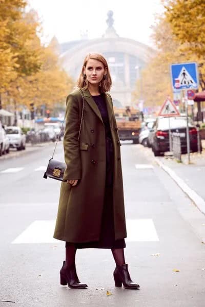 Brown Long Wool Coat with Black Maxi Shift Dress