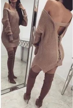 Light Grey Ribbed Open Back Sweater Dress with Thigh High Boots