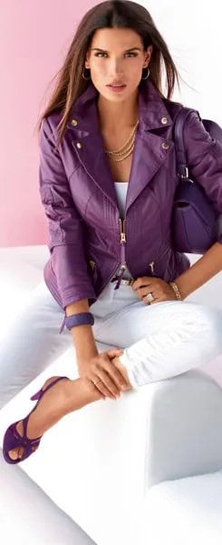 Purple Leather Jacket with White Top & Jeans