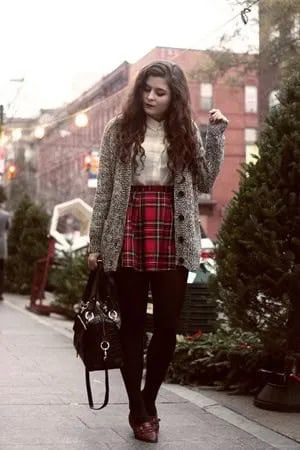 Black and Red Plaid Skirt with Grey Oversized Knit Coat