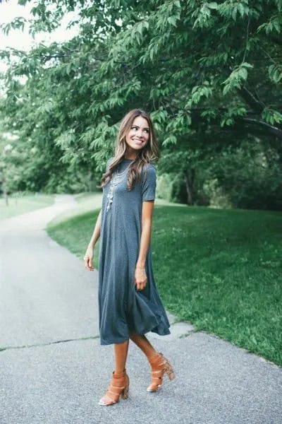 Grey Midi Summer T Shirt Dress with Open Toe Heels