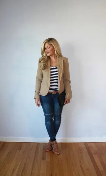 Tan Slightly Oversize Blazer with Black and White Striped Scoop Neck Tank Top