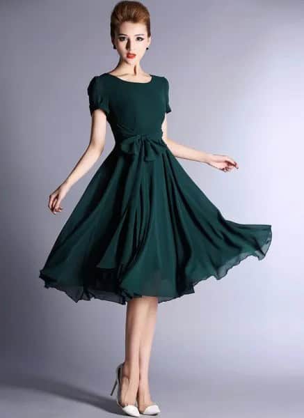 Dark Teal Short Sleeve Midi Flare Chiffon Dress