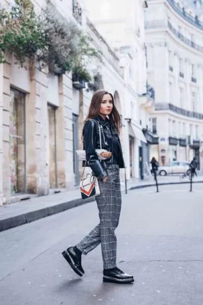 Biker Jacket with Grey and White Plaid Wool Straight Leg Pants