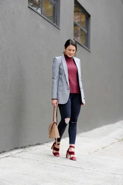 Light Grey Oversized Blazer with Green Mock Neck Sweater