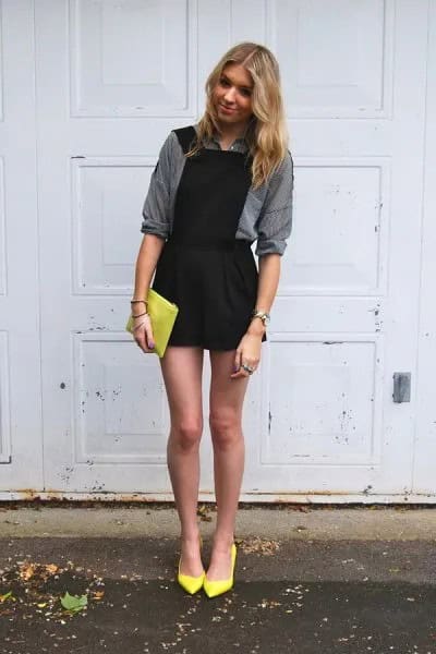 Black Dress with Grey Shirt & Yellow Heels