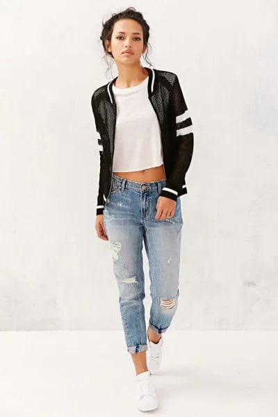 Black Mesh Jacket with White Cropped Tee & Boyfriend Jeans