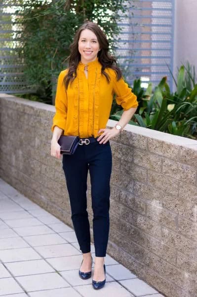 Mustard Yellow Pleated Button Up Shirt with Navy Blue Chinos