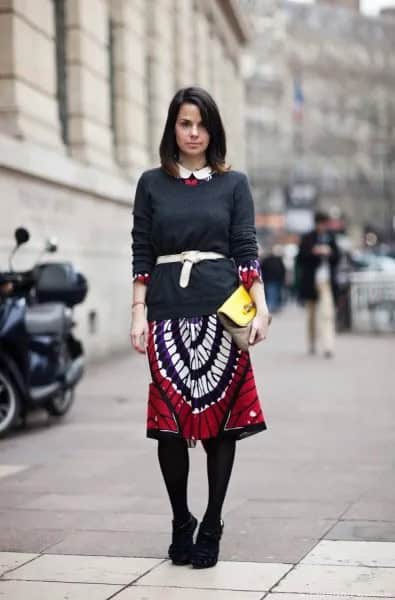 Wear with Black Sweater & Red and White Printed Skirt