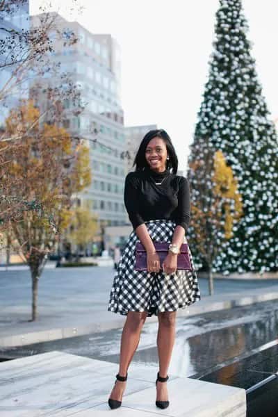 Black Half Sleeve Knit Sweater with Checkered Midi Flared Skirt