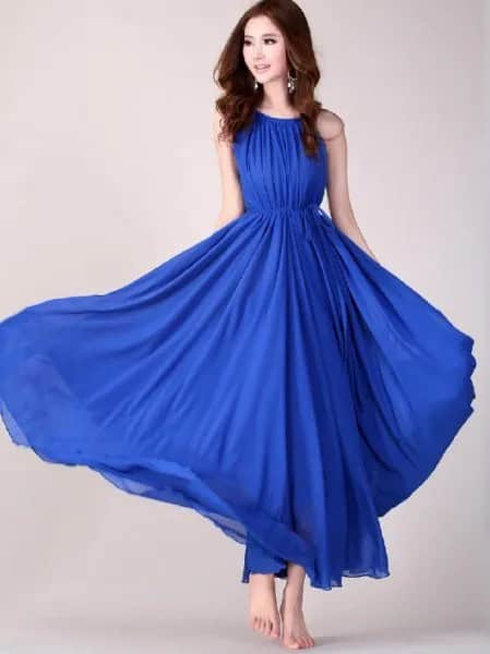 Pleated Royal Blue Sleeveless Fit and Flare Maxi Dress