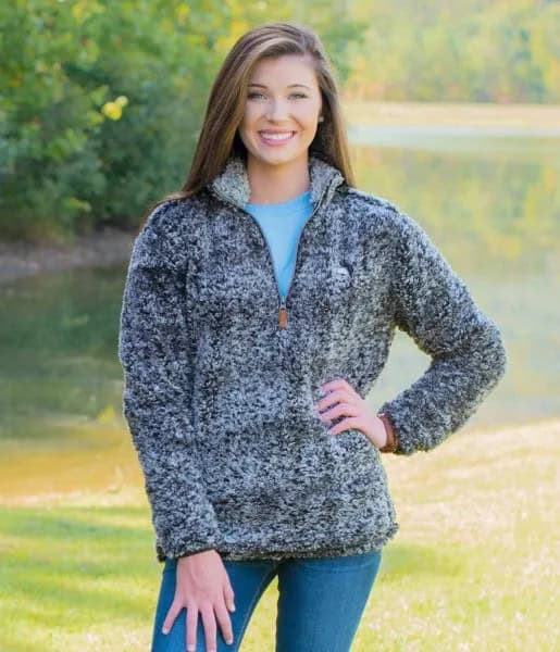 Grey Teddy Pullover with Blue Jeans