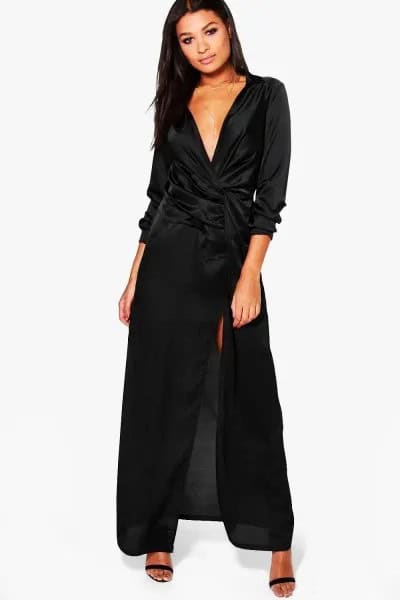 Black Maxi Deep V Neck Satin Wrap Dress