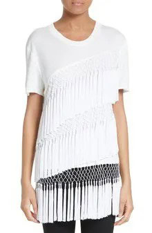 White Crew Neck T Shirt with Multiple Layers of Fringes