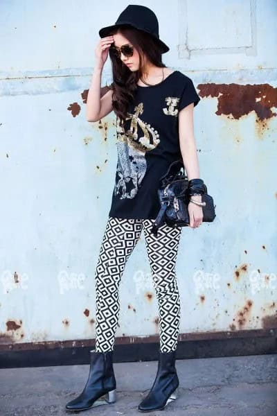 Black Graphic T Shirt with Heeled Leather Boots & Felt Hat