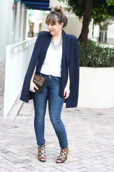 Navy Cape Blazer with White Blouse